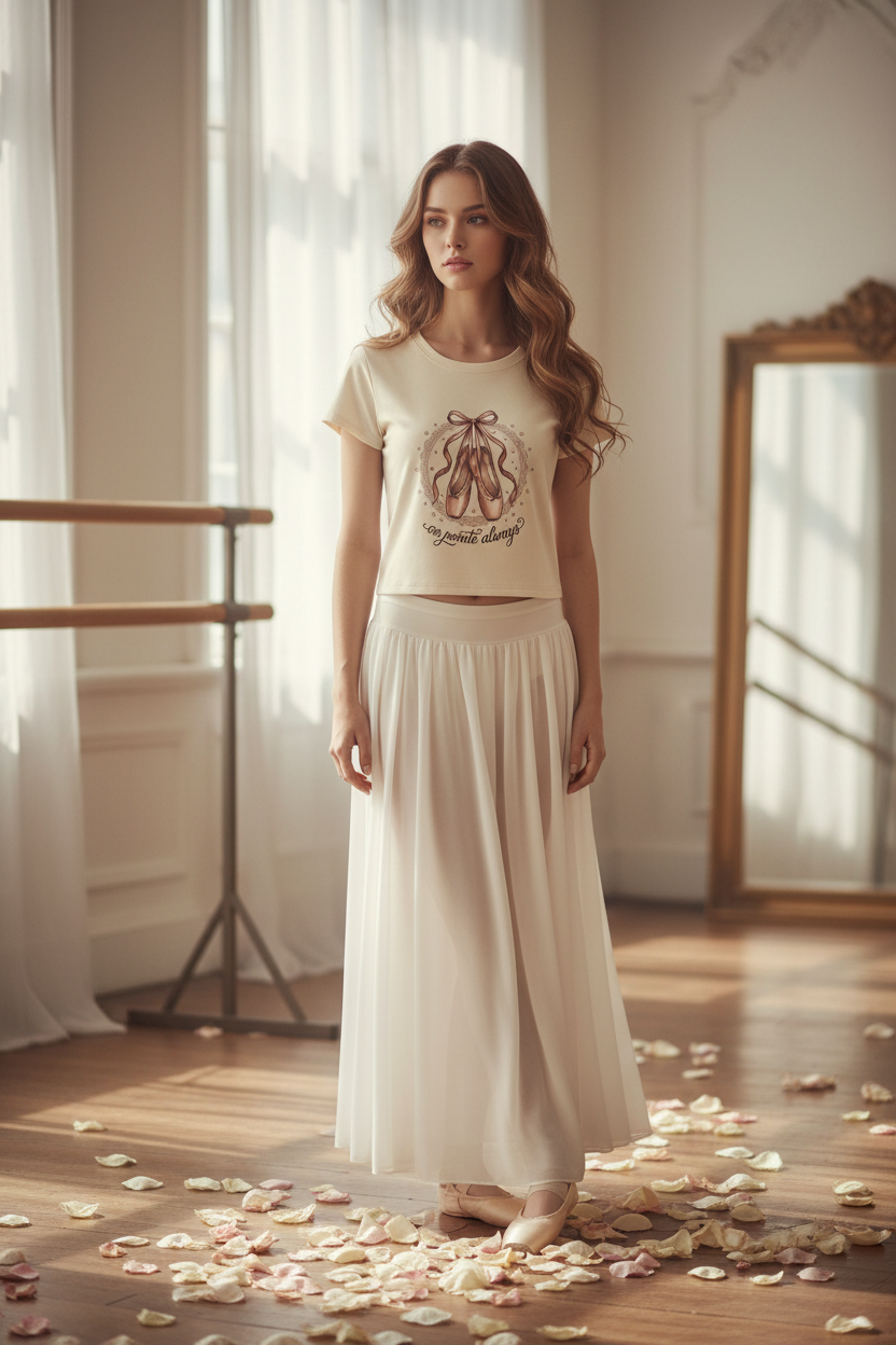 En Pointe Always Ballet Baby Tee | Coquette Micro Rib Fitted T-Shirt – Petal & Power