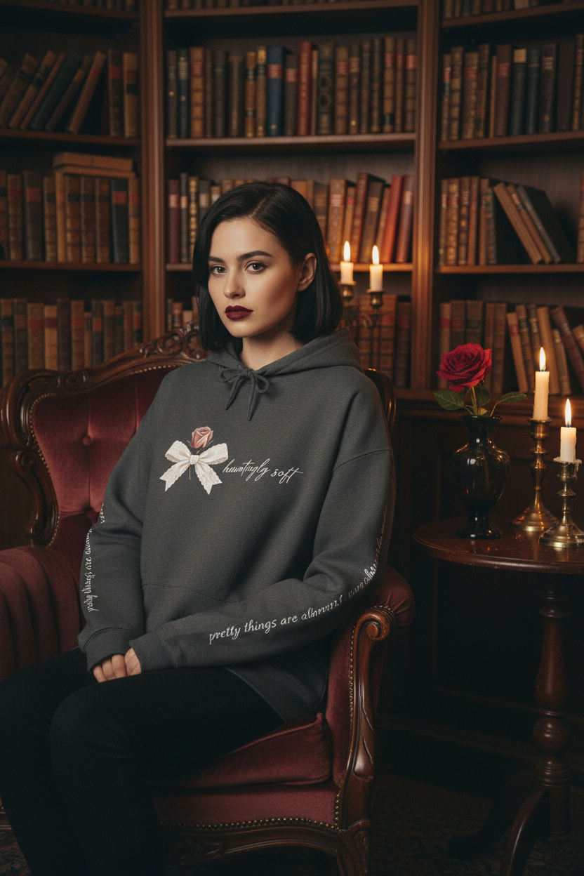 Hauntingly Soft Dark Coquette Hoodie | Black Lace & Bad Intentions Rose Bow Sweatshirt – Petal & Power