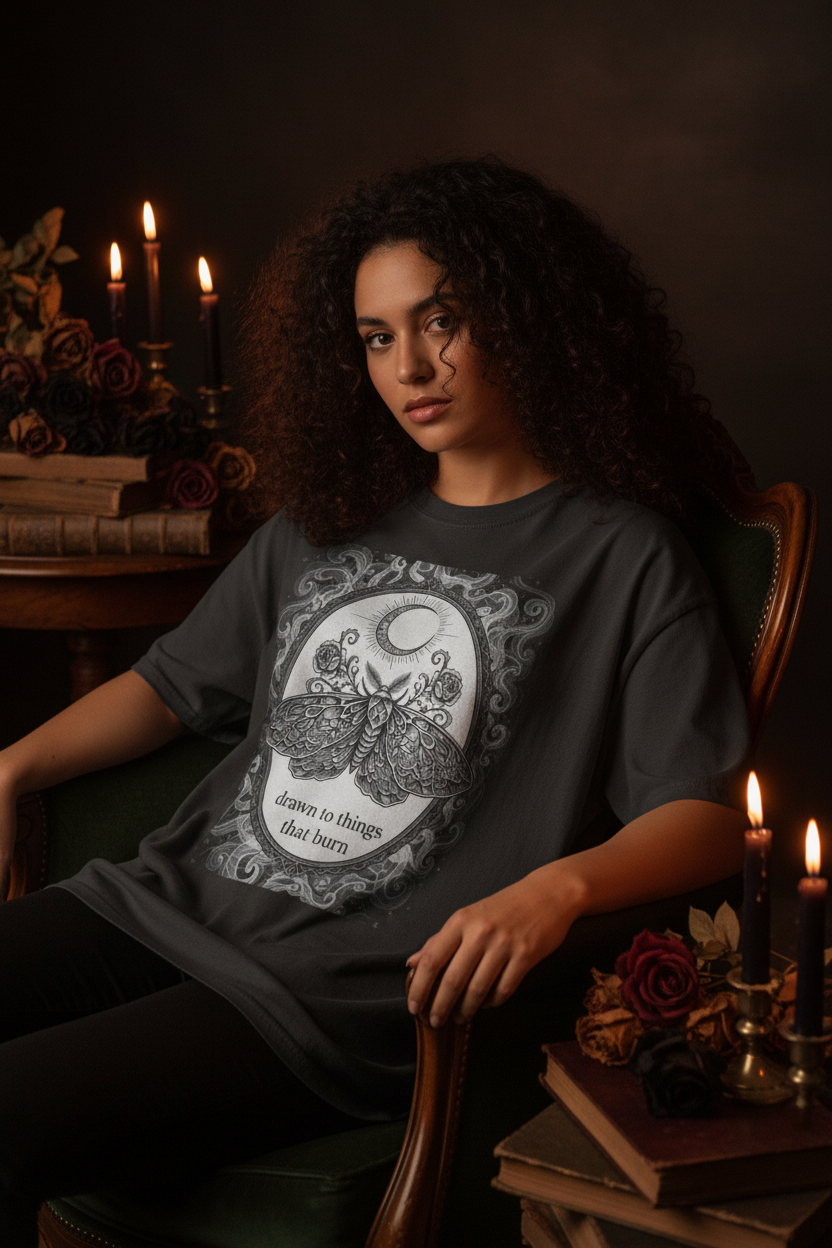 Drawn to Things That Burn Moth Tee | Dark Coquette Gothic Moon Graphic T-Shirt – Petal & Power