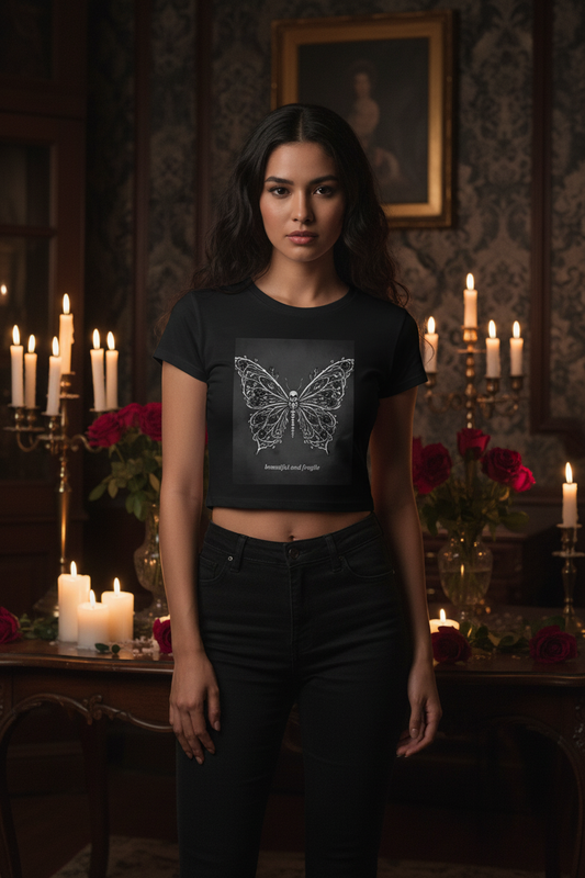 Beautiful and Fragile Skull Butterfly Crop Tee | Dark Coquette Gothic Rose Vine T-Shirt – Petal & Power