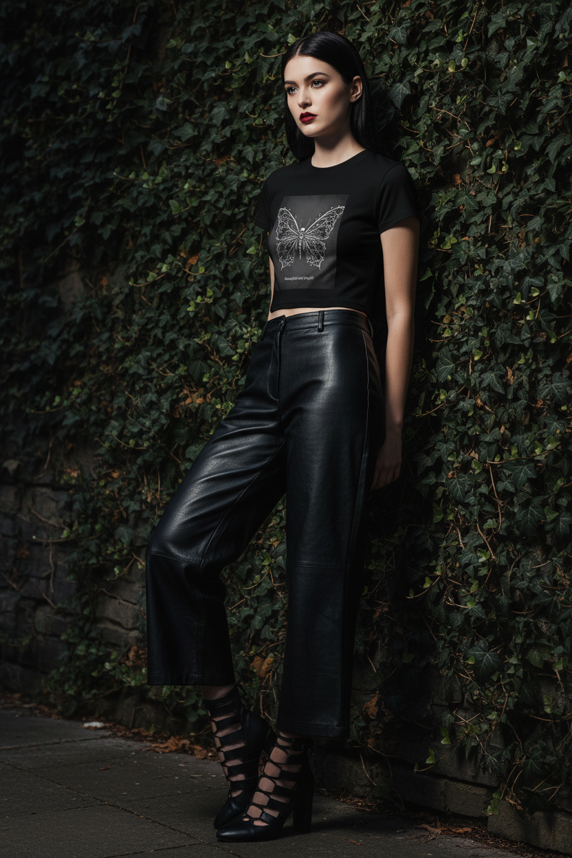 Beautiful and Fragile Skull Butterfly Crop Tee | Dark Coquette Gothic Rose Vine T-Shirt – Petal & Power