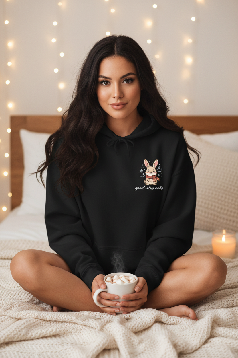 Good Vibes Only Winter Bunny Hoodie | Cute Cozy Kawaii Graphic Black Oversized Sweatshirt – Petal & Power