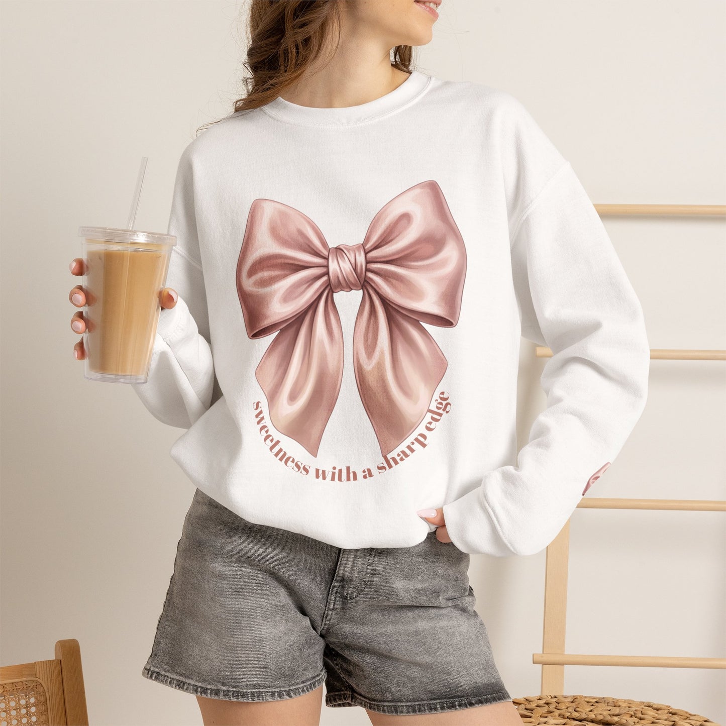 Sweetness with a Sharp Edge Sweatshirt | Coquette Rose Gold Bow Crewneck – Petal & Power