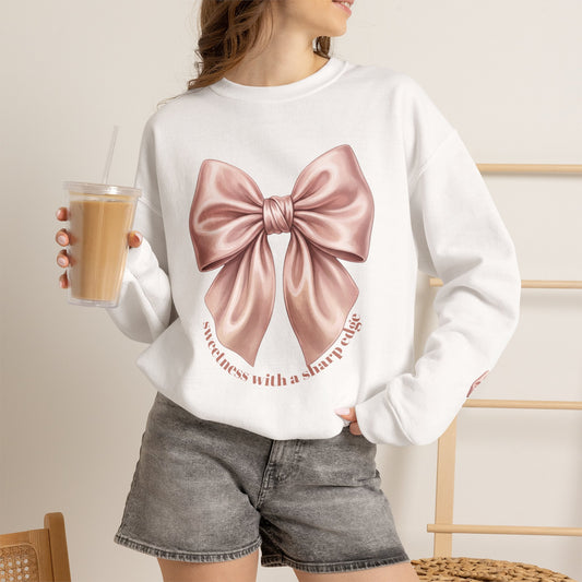 Sweetness with a Sharp Edge Sweatshirt | Coquette Rose Gold Bow Crewneck – Petal & Power