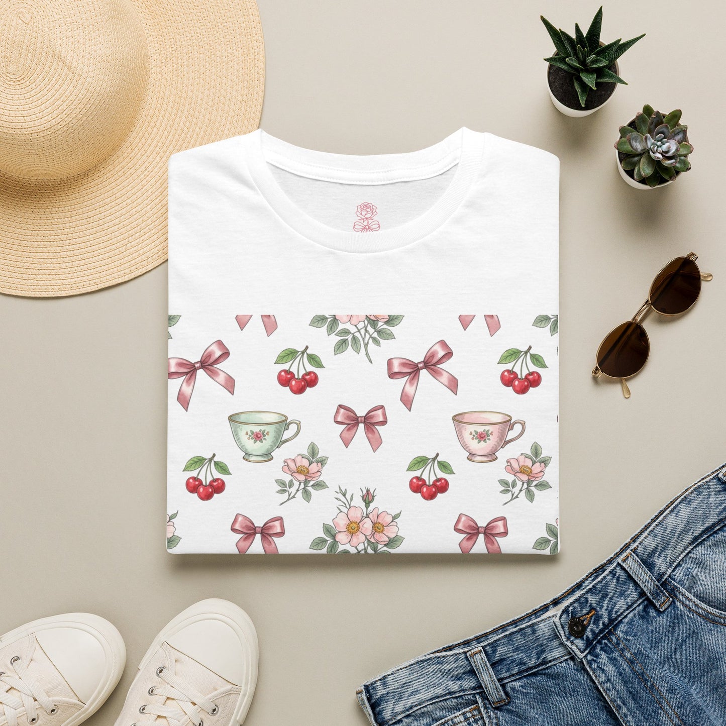 Cherry Blossom Tea Party Graphic Tee | Coquette Bow & Cherry Print T-Shirt