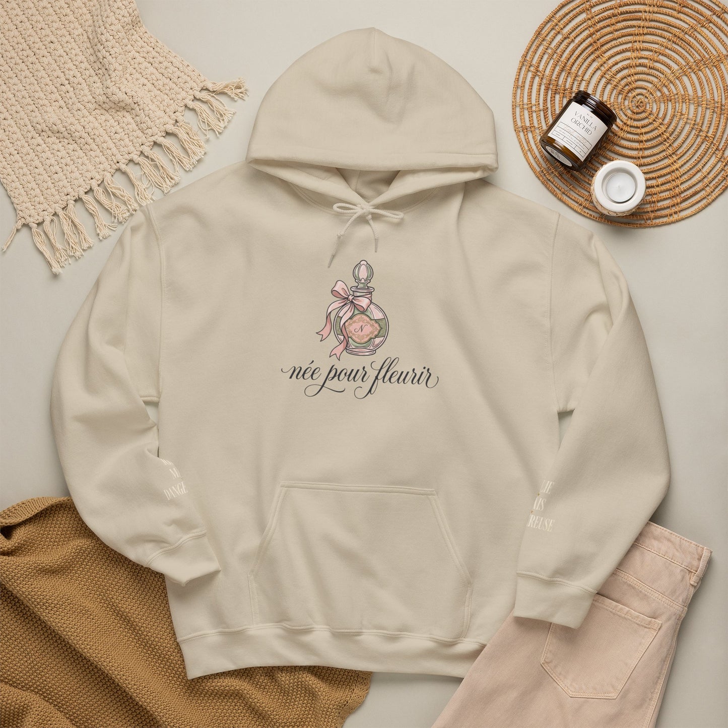 French Coquette Hoodie — "née pour fleurir" Floral Perfume Vintage Editorial Sweatshirt