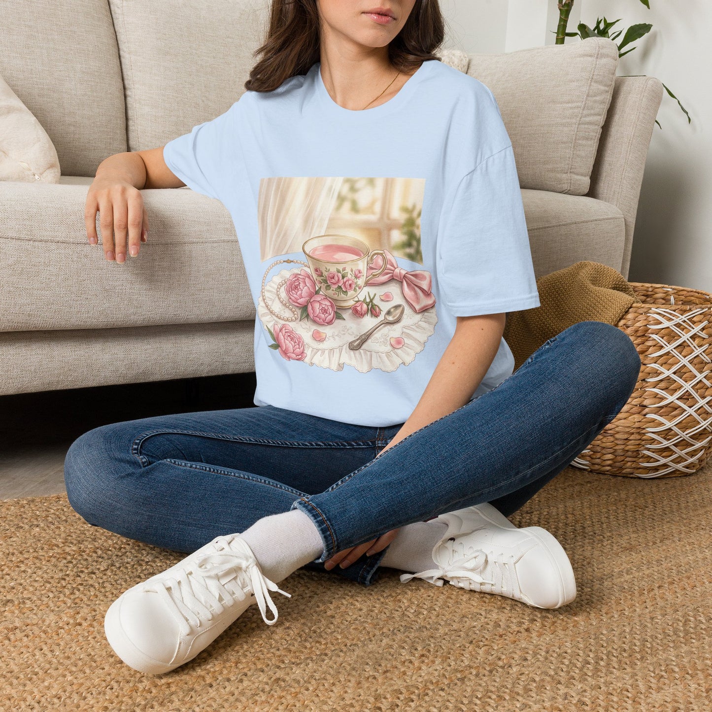 Vintage Coquette Aesthetic Tea Party T-Shirt | Pink Bow & Pearls Graphic Tee