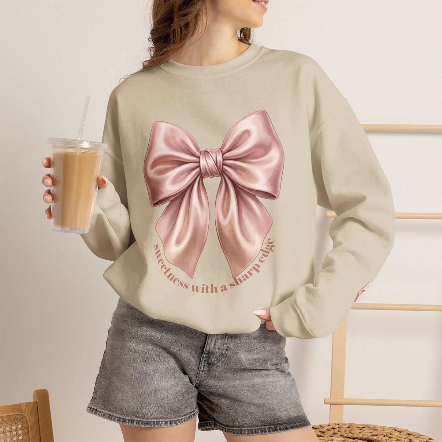 Sweetness with a Sharp Edge Sweatshirt | Coquette Rose Gold Bow Crewneck – Petal & Power