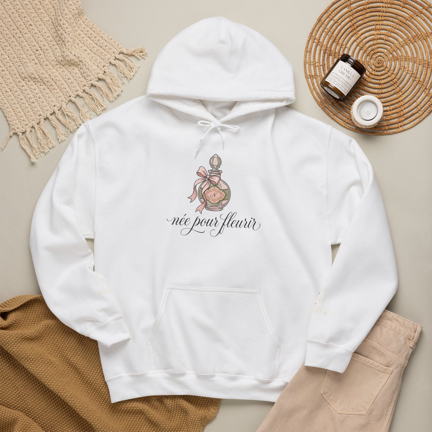 French Coquette Hoodie — "née pour fleurir" Floral Perfume Vintage Editorial Sweatshirt