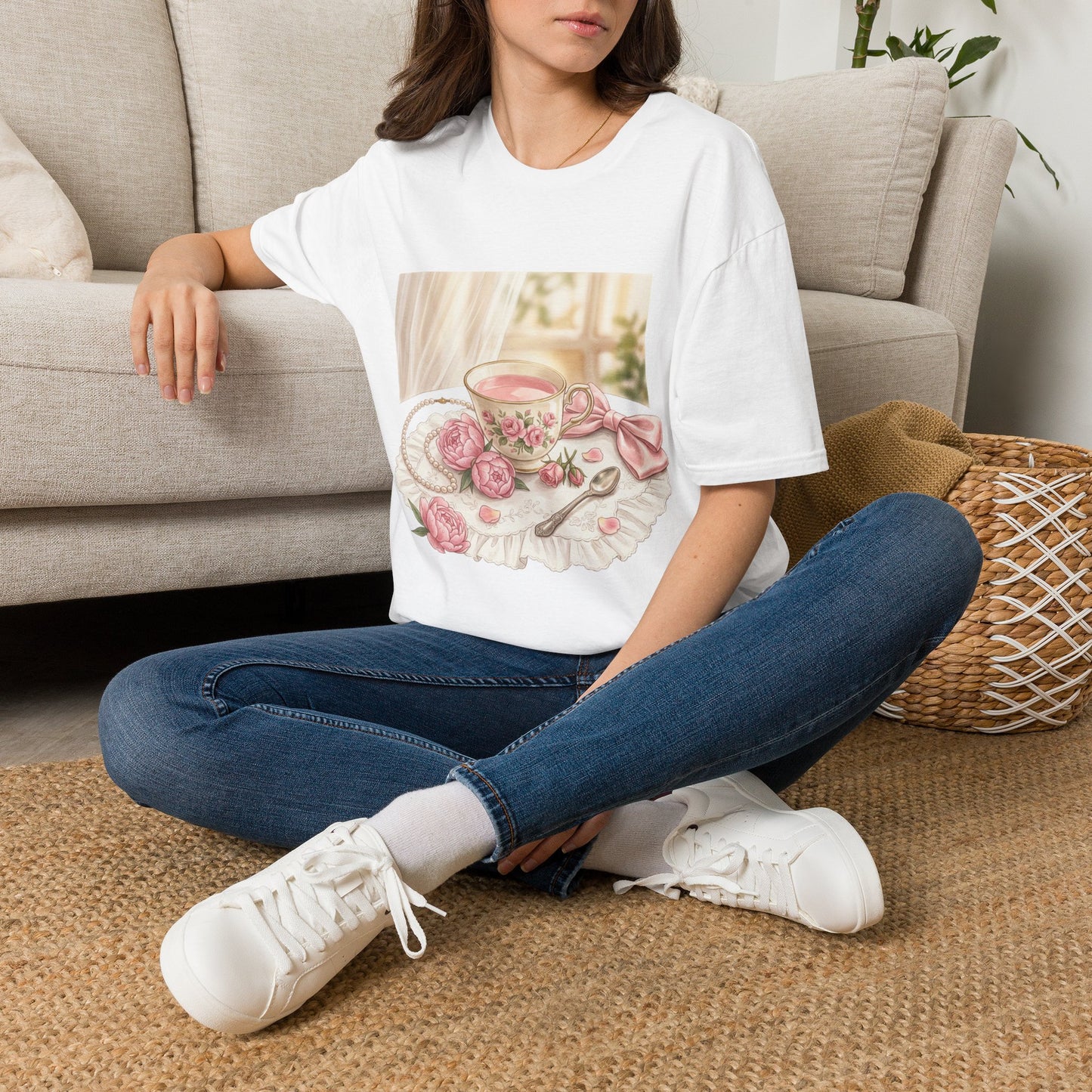 Vintage Coquette Aesthetic Tea Party T-Shirt | Pink Bow & Pearls Graphic Tee