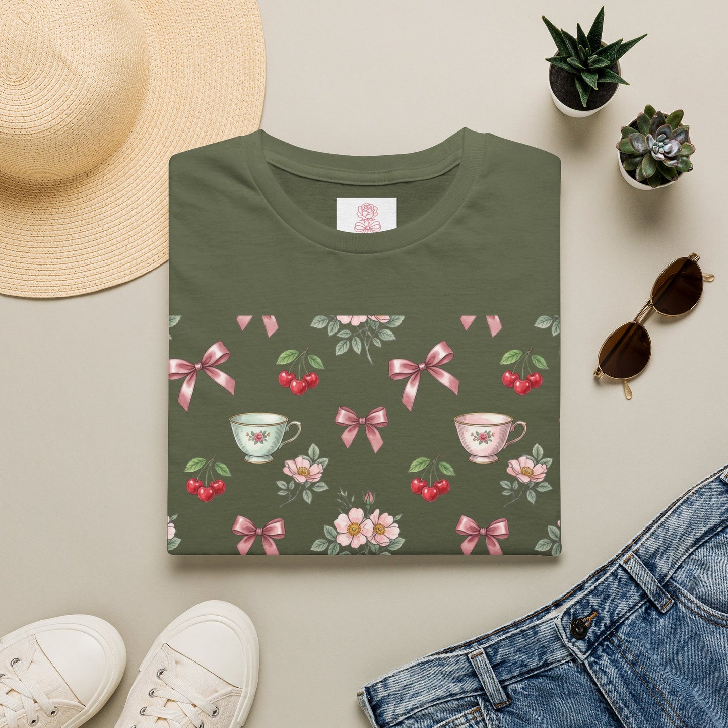 Cherry Blossom Tea Party Graphic Tee | Coquette Bow & Cherry Print T-Shirt