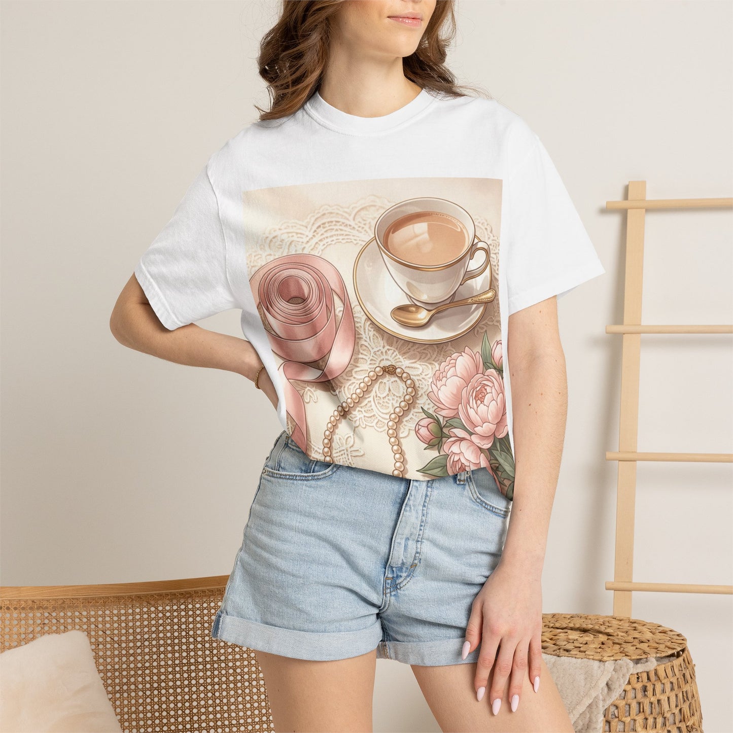 Vintage Coquette Pink Ribbon Tee - Unisex Coffee & Pearls Graphic T-Shirt