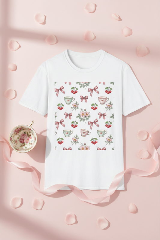 Cherry Blossom Tea Party Graphic Tee | Coquette Bow & Cherry Print T-Shirt