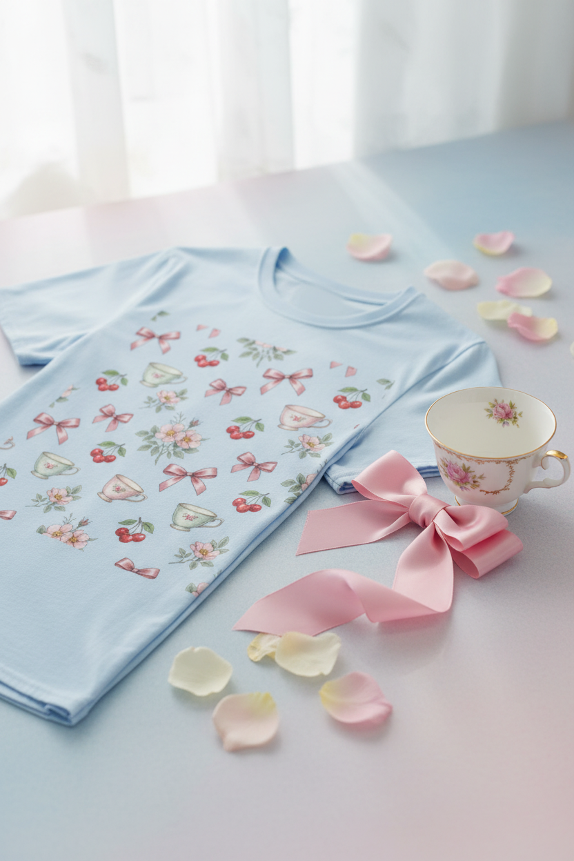 Cherry Blossom Tea Party Graphic Tee | Coquette Bow & Cherry Print T-Shirt