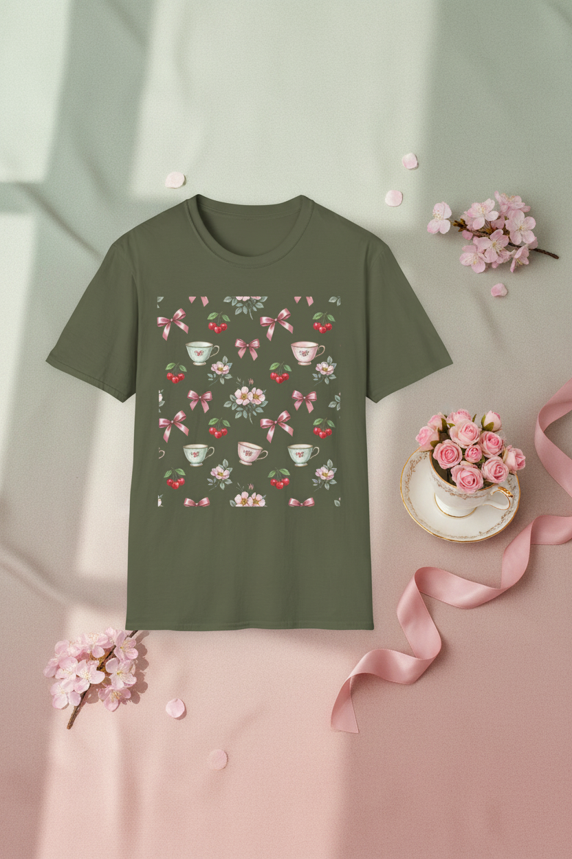 Cherry Blossom Tea Party Graphic Tee | Coquette Bow & Cherry Print T-Shirt