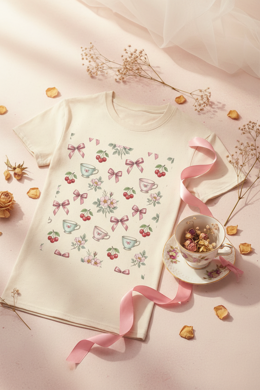 Cherry Blossom Tea Party Graphic Tee | Coquette Bow & Cherry Print T-Shirt