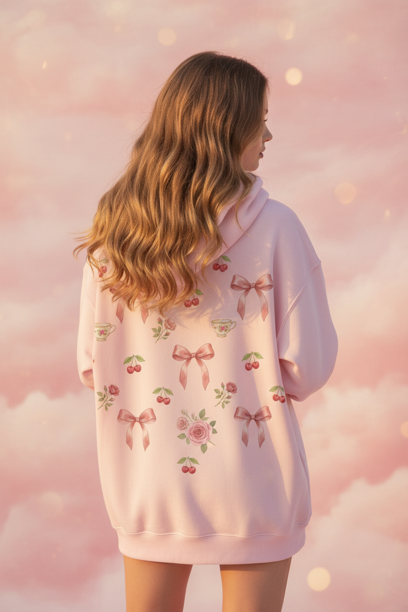 Coquette Bow Tea Party Hoodie | Aesthetic Cherry & Bow Print Oversized Sweatshirt
