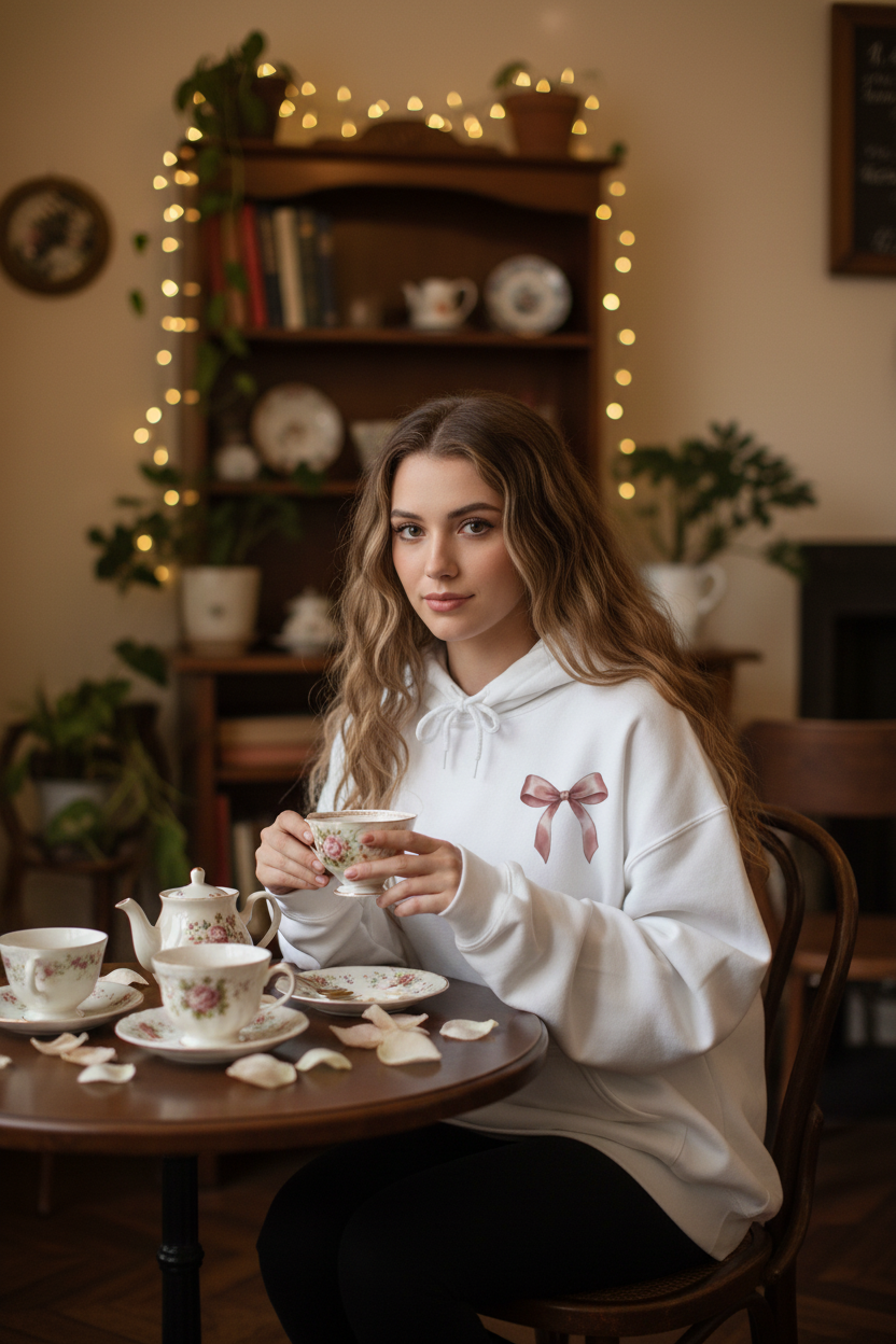 Coquette Bow Tea Party Hoodie | Aesthetic Cherry & Bow Print Oversized Sweatshirt