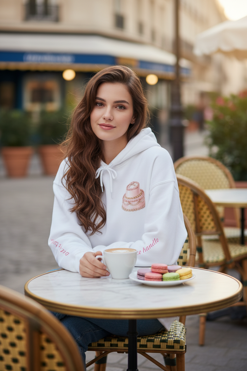"Too Sweet to Handle" Hoodie | Coquette Patisserie Cake & Macaron Oversized Sweatshirt
