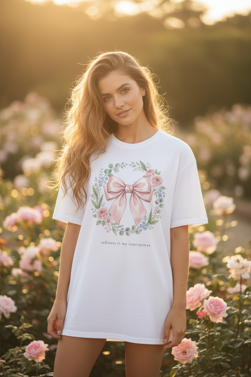 Softness is My Superpower Tee | Coquette Floral Bow Graphic T-Shirt – Petal & Power