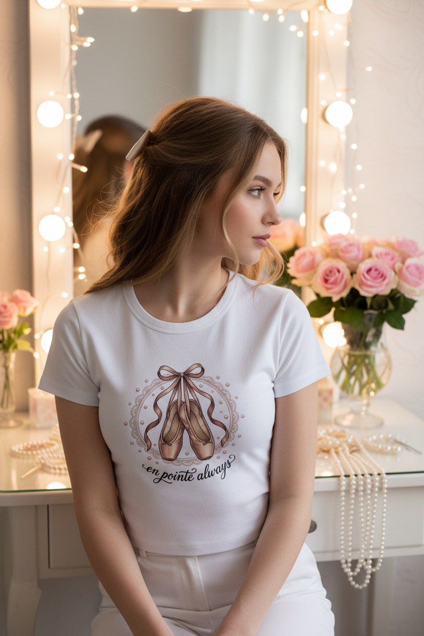 En Pointe Always Ballet Baby Tee | Coquette Micro Rib Fitted T-Shirt – Petal & Power