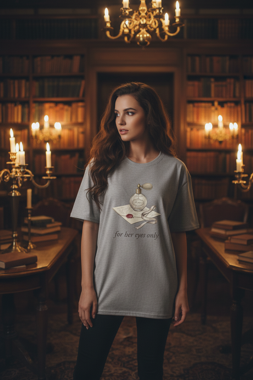 For Her Eyes Only Vintage Perfume Tee | Coquette Love Letter Graphic T-Shirt – Petal & Power