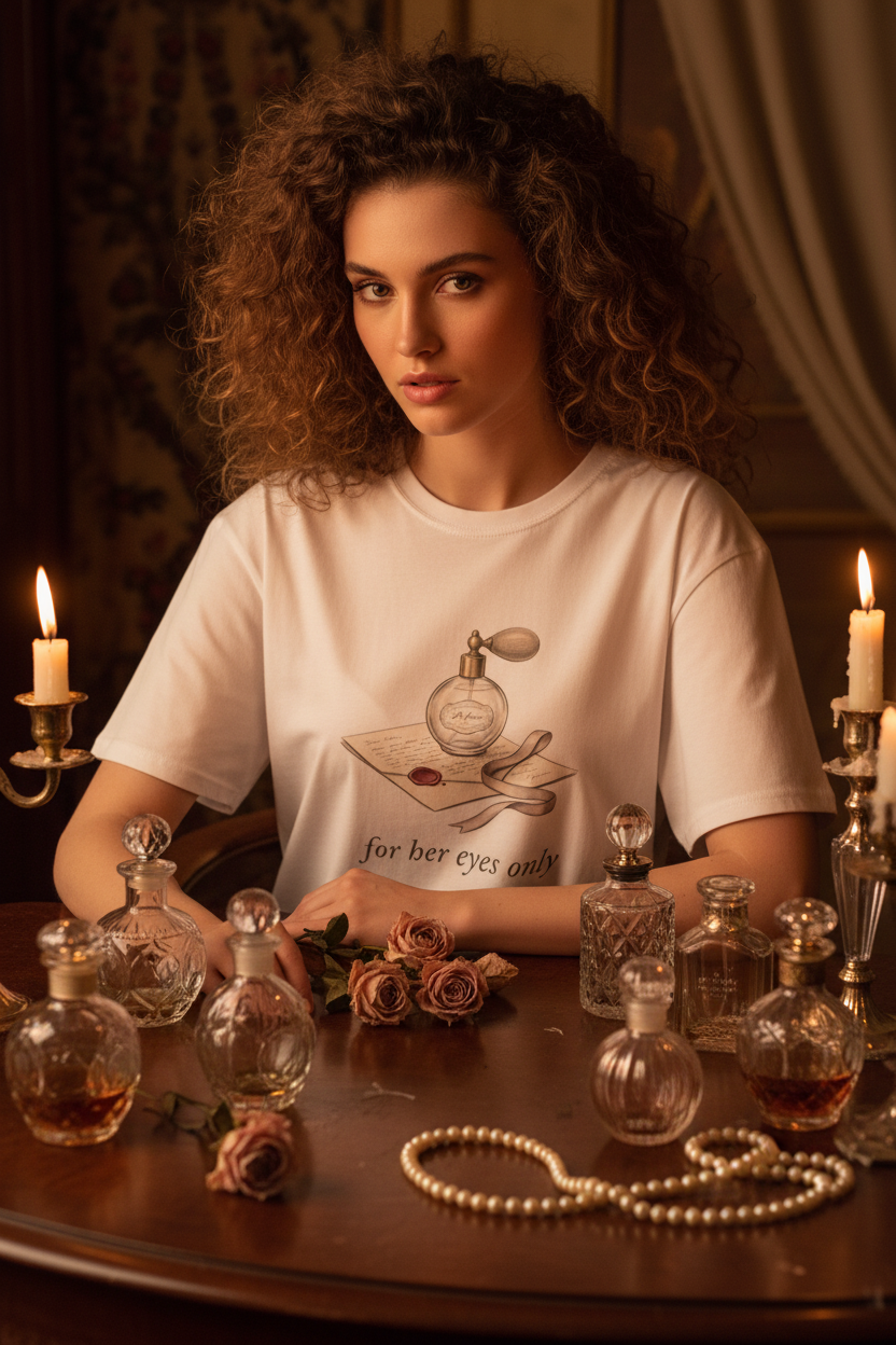 For Her Eyes Only Vintage Perfume Tee | Coquette Love Letter Graphic T-Shirt – Petal & Power