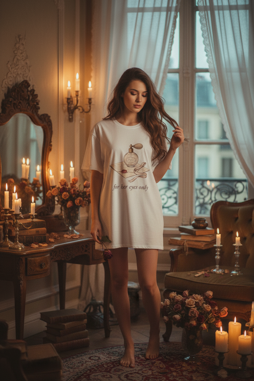 For Her Eyes Only Vintage Perfume Tee | Coquette Love Letter Graphic T-Shirt – Petal & Power