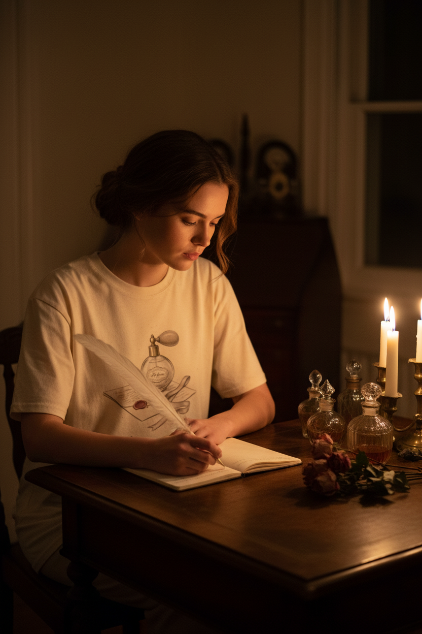 For Her Eyes Only Vintage Perfume Tee | Coquette Love Letter Graphic T-Shirt – Petal & Power