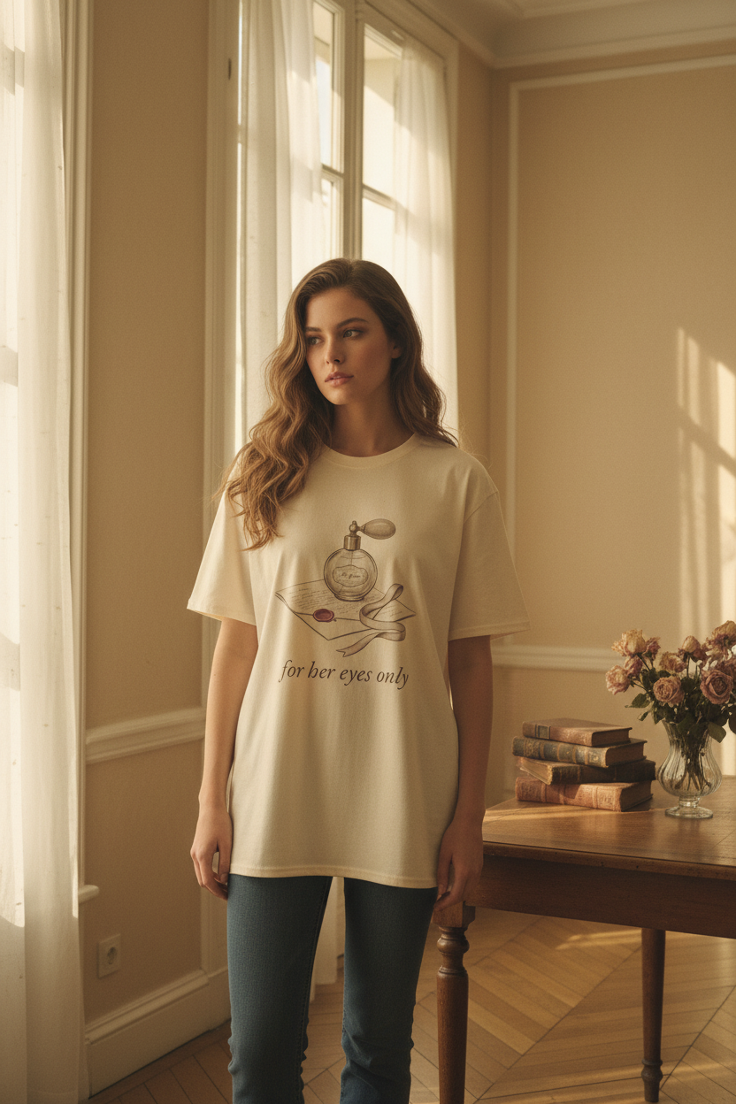 For Her Eyes Only Vintage Perfume Tee | Coquette Love Letter Graphic T-Shirt – Petal & Power