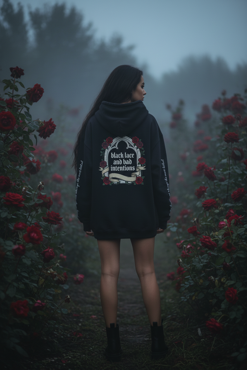 Hauntingly Soft Dark Coquette Hoodie | Black Lace & Bad Intentions Rose Bow Sweatshirt – Petal & Power
