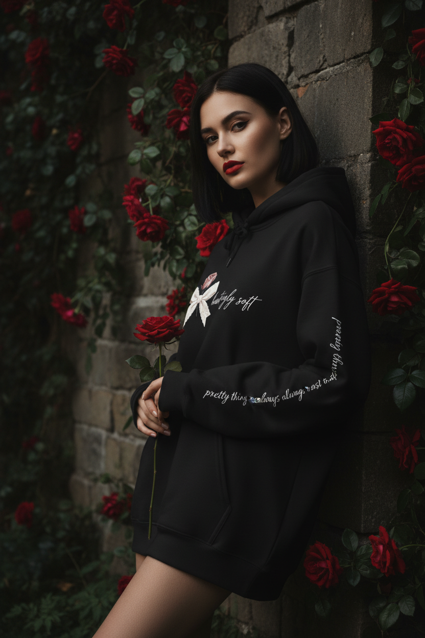 Hauntingly Soft Dark Coquette Hoodie | Black Lace & Bad Intentions Rose Bow Sweatshirt – Petal & Power
