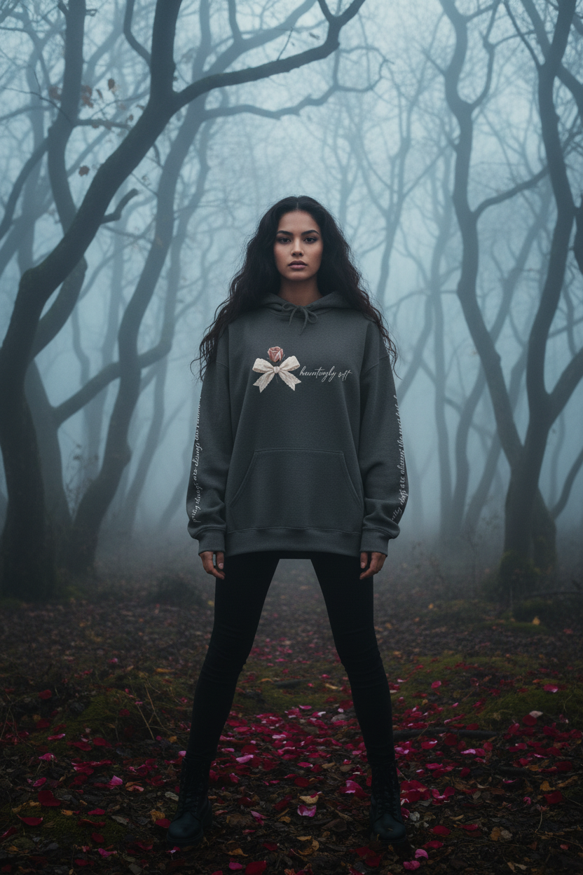 Hauntingly Soft Dark Coquette Hoodie | Black Lace & Bad Intentions Rose Bow Sweatshirt – Petal & Power