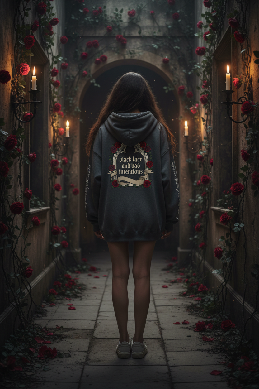 Hauntingly Soft Dark Coquette Hoodie | Black Lace & Bad Intentions Rose Bow Sweatshirt – Petal & Power