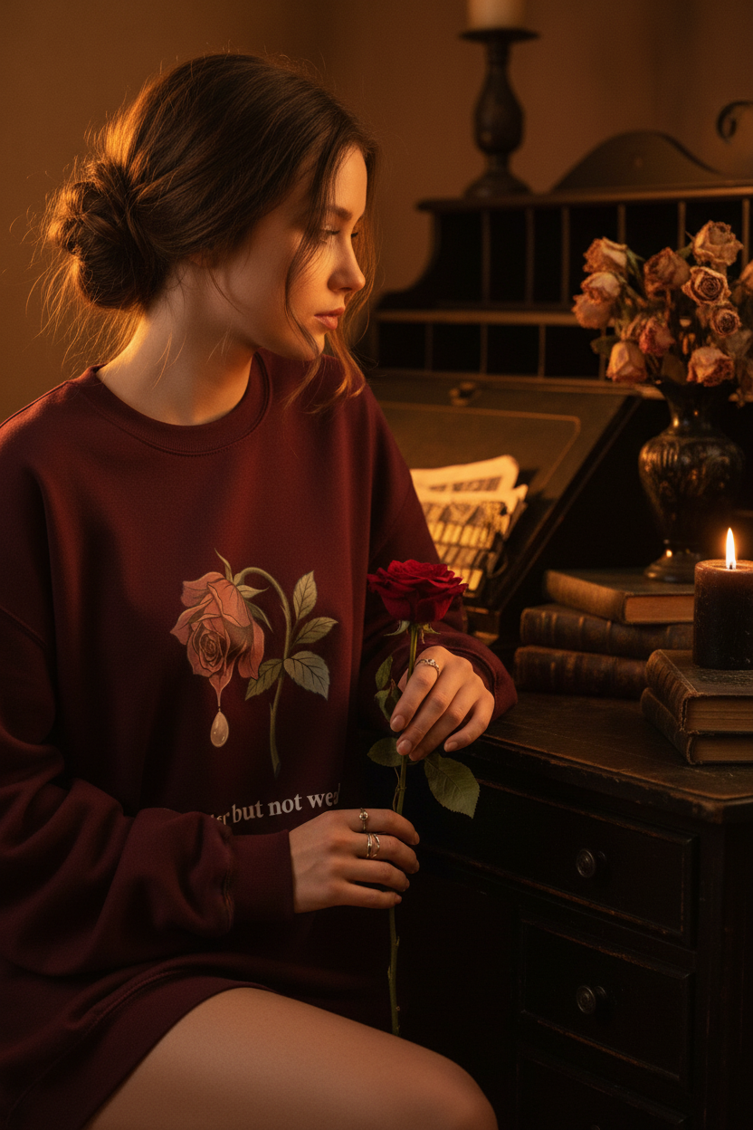 Tender But Not Weak Maroon Sweatshirt | Dark Coquette Rose Pearl Crewneck – Petal & Power