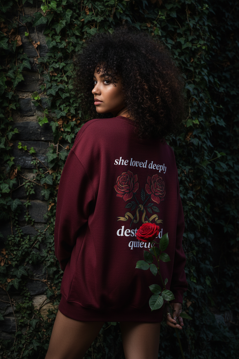 Tender But Not Weak Maroon Sweatshirt | Dark Coquette Rose Pearl Crewneck – Petal & Power