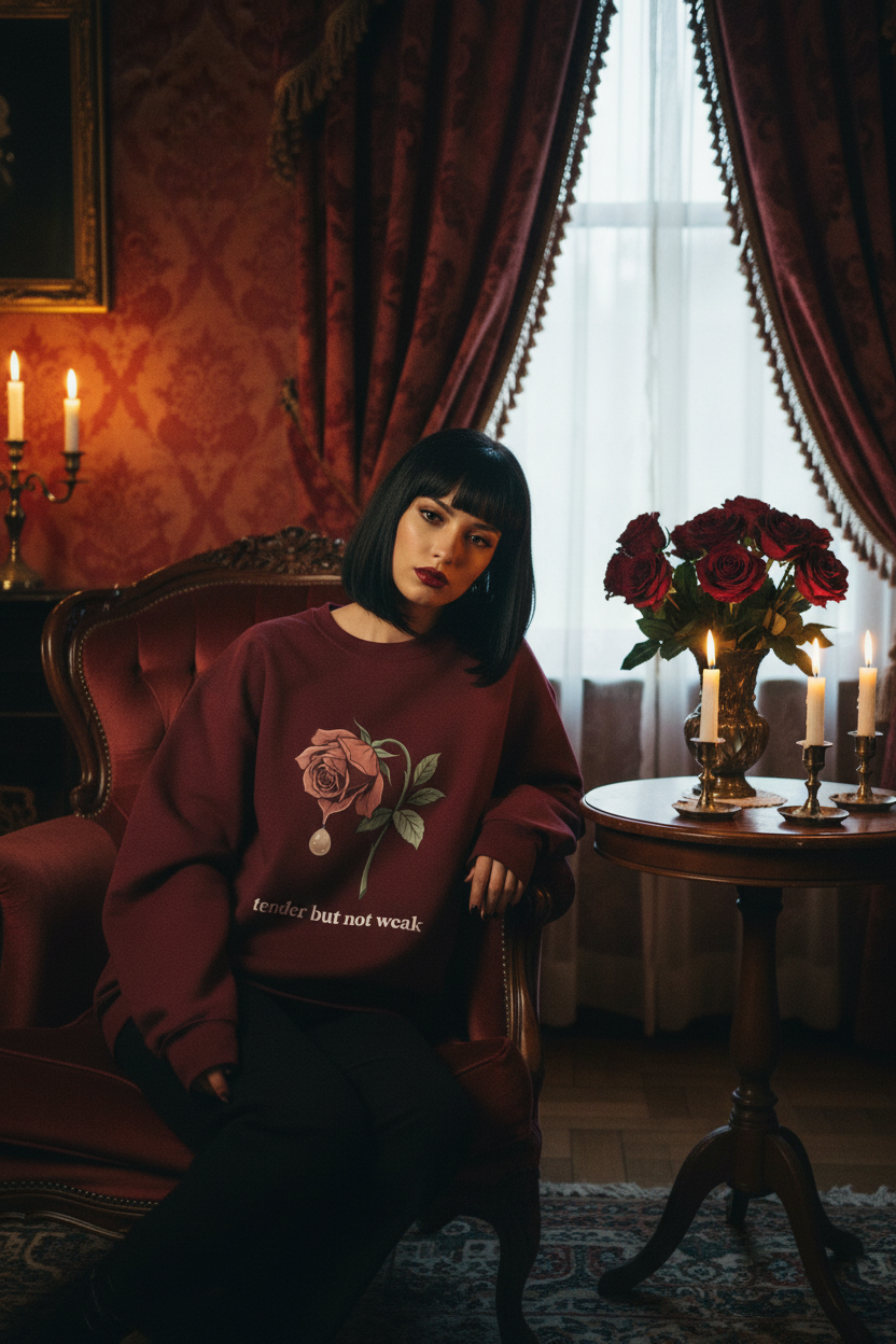 Tender But Not Weak Maroon Sweatshirt | Dark Coquette Rose Pearl Crewneck – Petal & Power