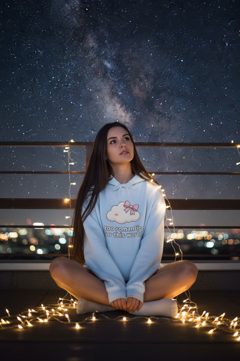 Too Romantic for This World Hoodie | Coquette Cloud Bow Celestial Moon Oversized Sweatshirt – Petal & Power