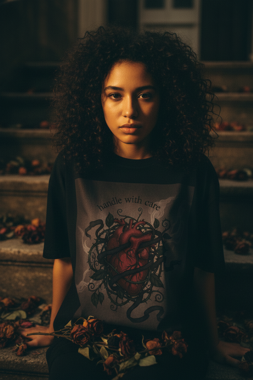 Handle with Care Anatomical Heart Tee | Dark Coquette Gothic Vine Graphic T-Shirt – Petal & Power