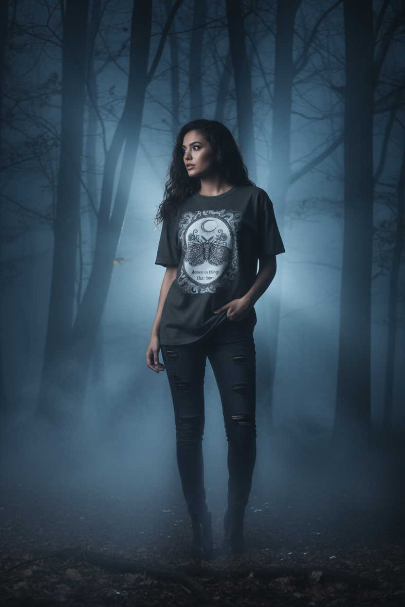 Drawn to Things That Burn Moth Tee | Dark Coquette Gothic Moon Graphic T-Shirt – Petal & Power