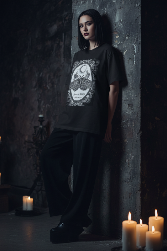 Drawn to Things That Burn Moth Tee | Dark Coquette Gothic Moon Graphic T-Shirt – Petal & Power