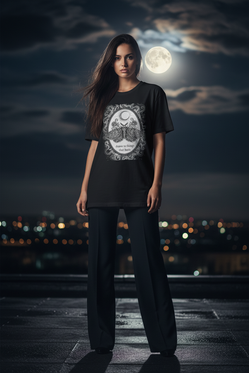 Drawn to Things That Burn Moth Tee | Dark Coquette Gothic Moon Graphic T-Shirt – Petal & Power
