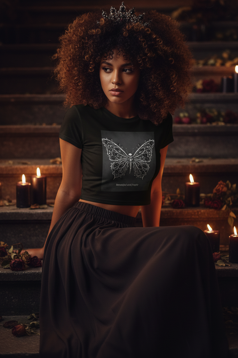 Beautiful and Fragile Skull Butterfly Crop Tee | Dark Coquette Gothic Rose Vine T-Shirt – Petal & Power