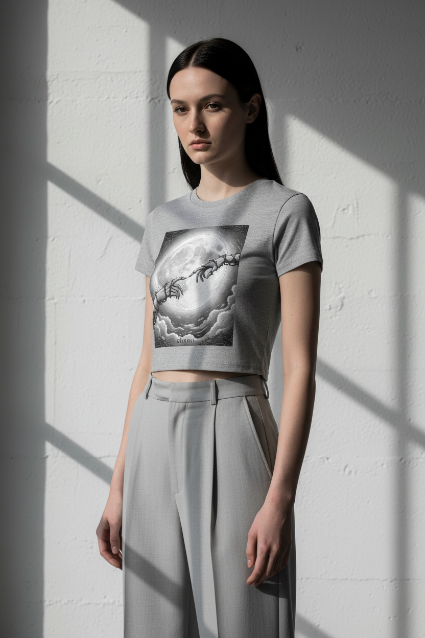 Almost Thorn Hands Moon Crop Tee | Dark Coquette Gothic Celestial Graphic T-Shirt – Petal & Power