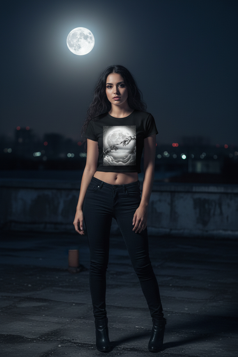 Almost Thorn Hands Moon Crop Tee | Dark Coquette Gothic Celestial Graphic T-Shirt – Petal & Power