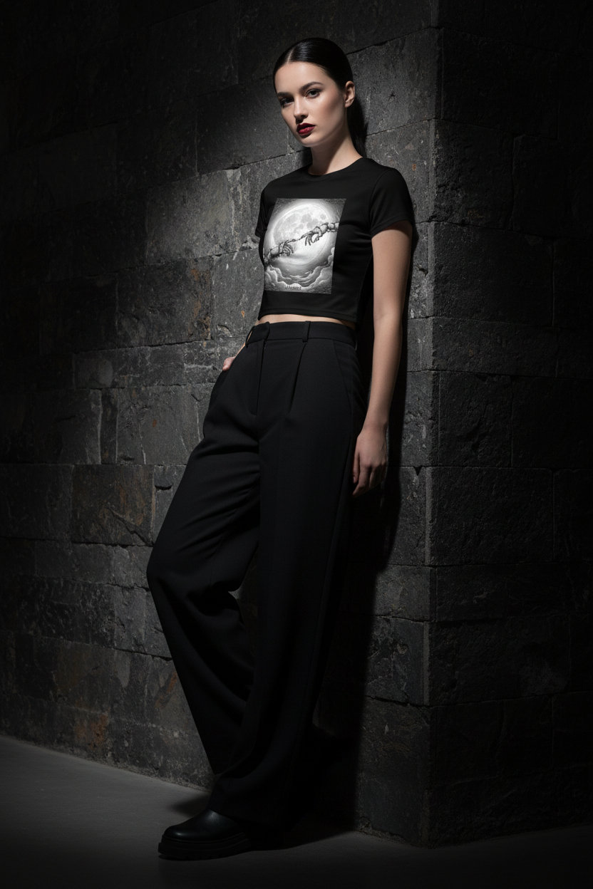 Almost Thorn Hands Moon Crop Tee | Dark Coquette Gothic Celestial Graphic T-Shirt – Petal & Power
