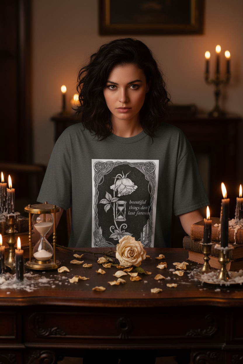 Beautiful Things Don't Last Forever Rose Hourglass Tee | Dark Coquette Gothic Graphic T-Shirt – Petal & Power