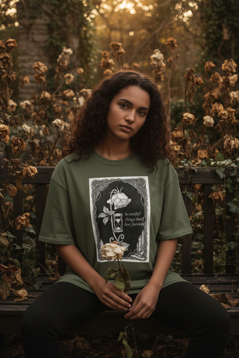 Beautiful Things Don't Last Forever Rose Hourglass Tee | Dark Coquette Gothic Graphic T-Shirt – Petal & Power