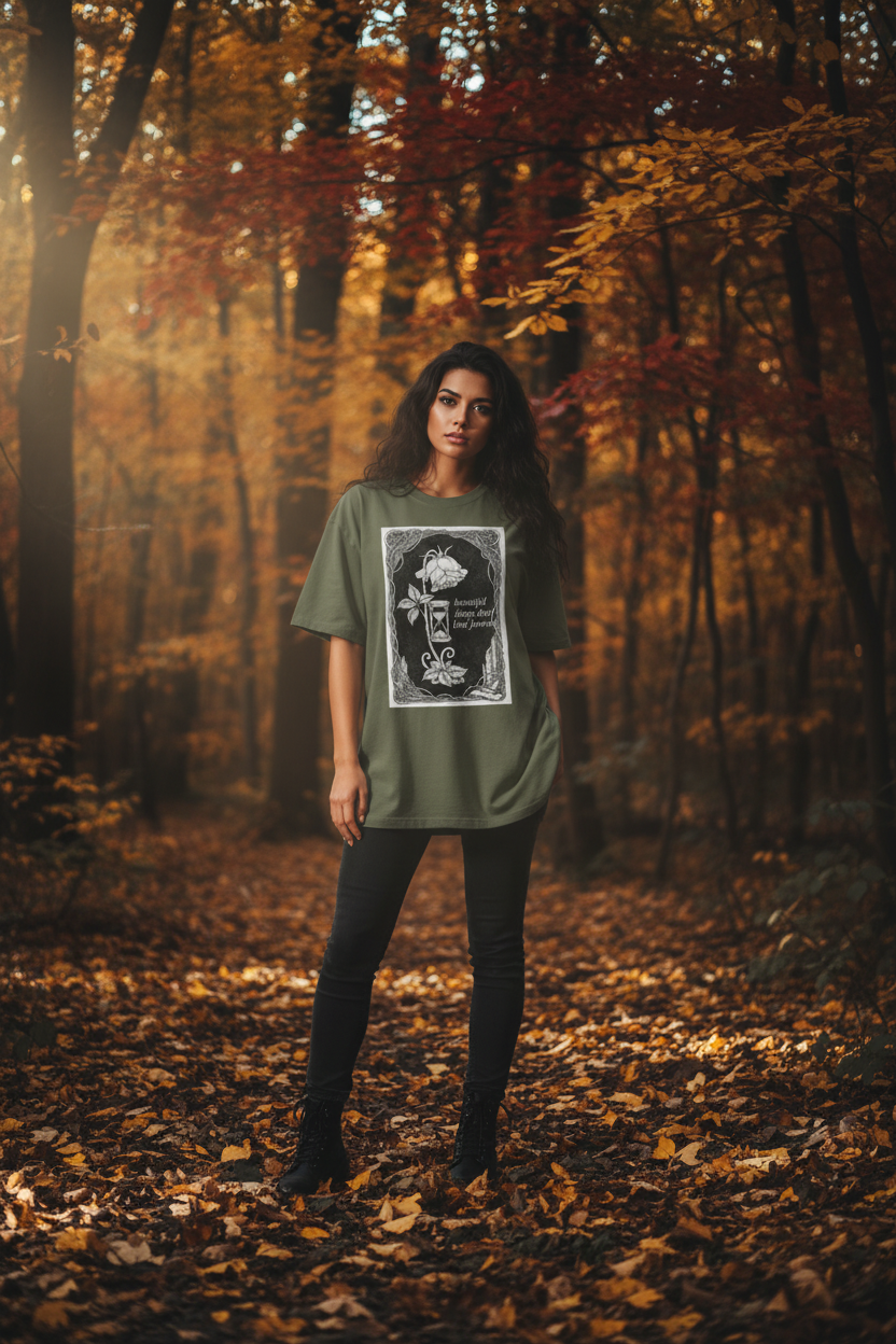 Beautiful Things Don't Last Forever Rose Hourglass Tee | Dark Coquette Gothic Graphic T-Shirt – Petal & Power