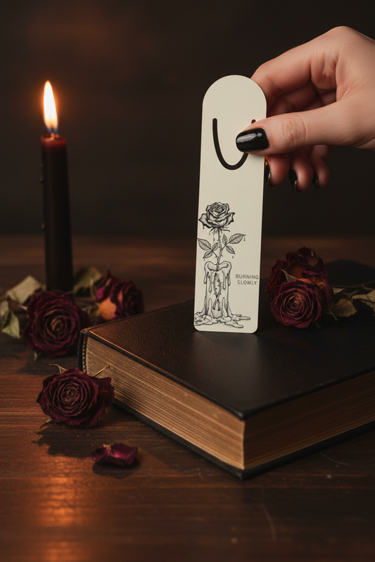 Burning Slowly Rose Candle Bookmark | Dark Coquette Gothic Reading Accessory – Petal & Power